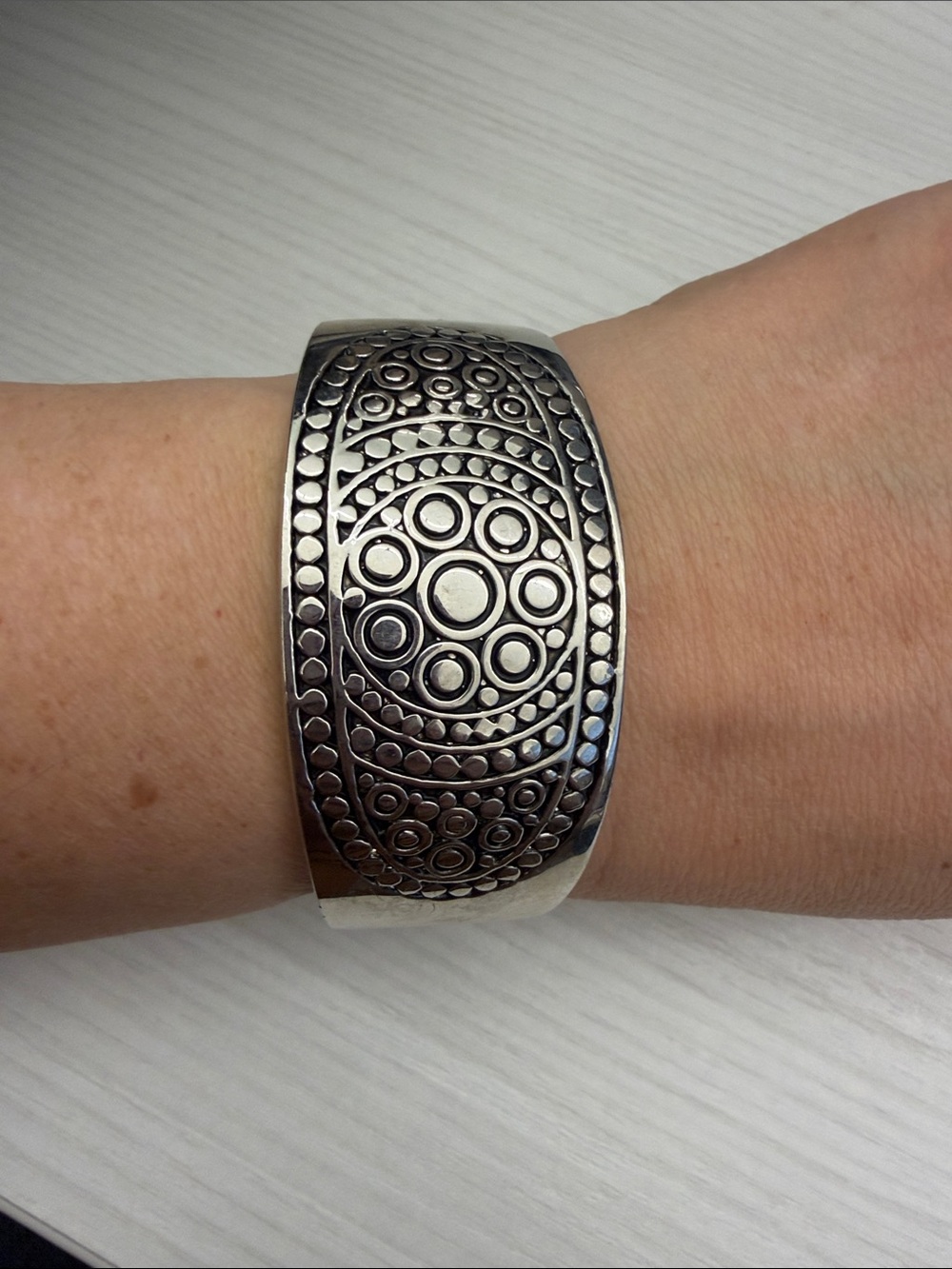 Silver-Tone Embossed Circular Pattern Cuff Bracelet